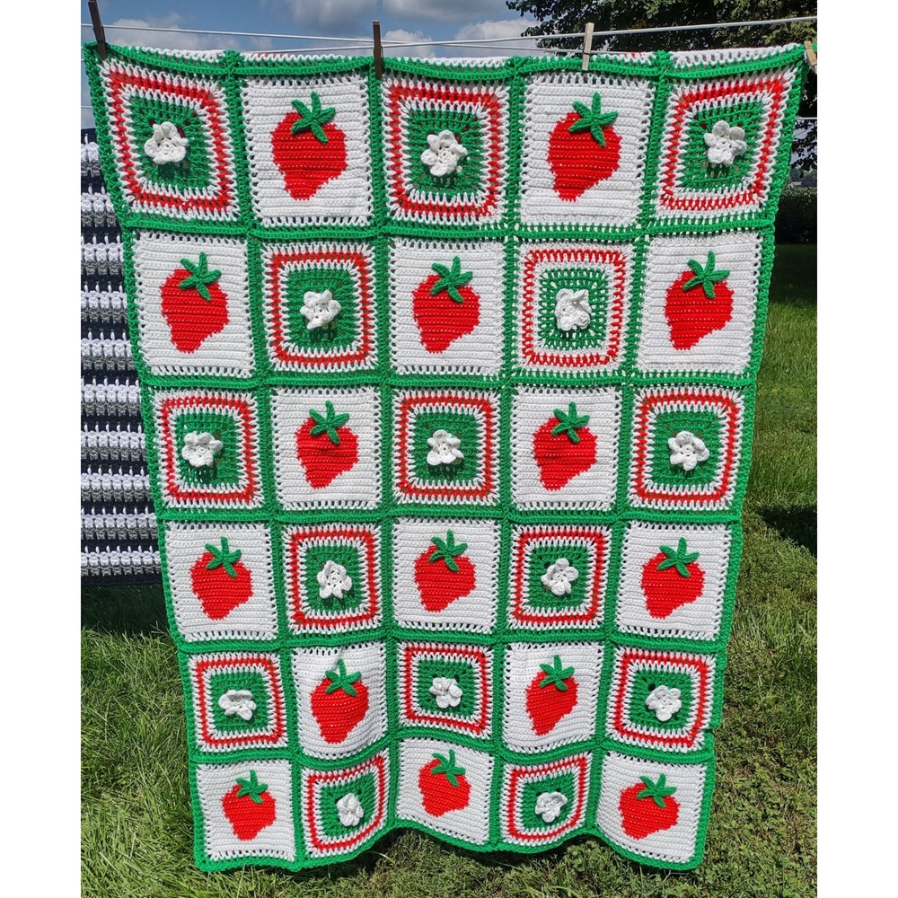 Handmade Crochet Strawberry Granny Square Blanket 46x70 Afghan Throw Grannycore
